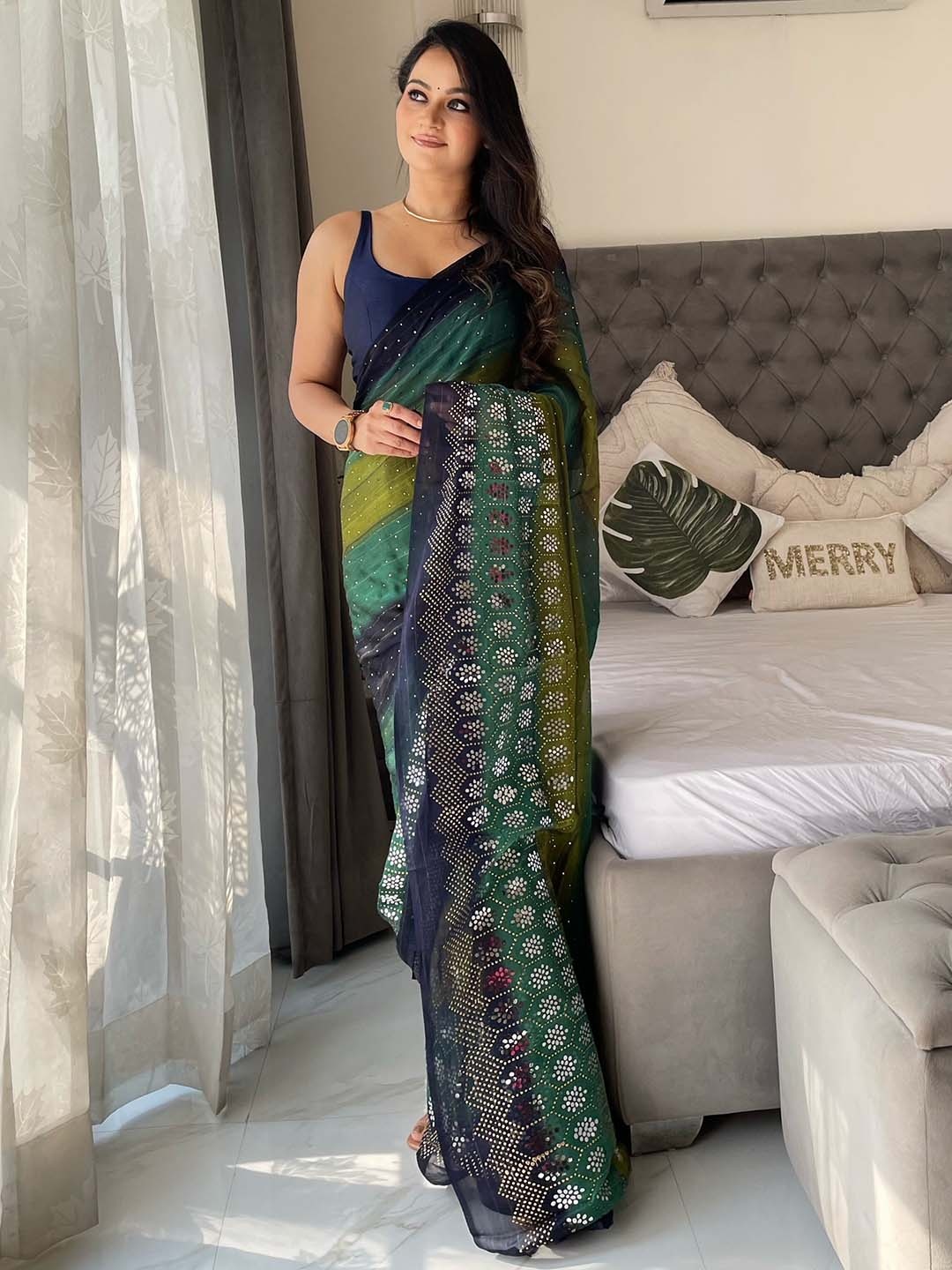 

Anouk Striped Embellished Saree, Green
