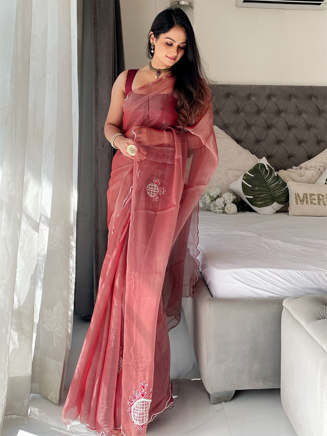 

Anouk Floral Embroidered Organza Saree, Rust