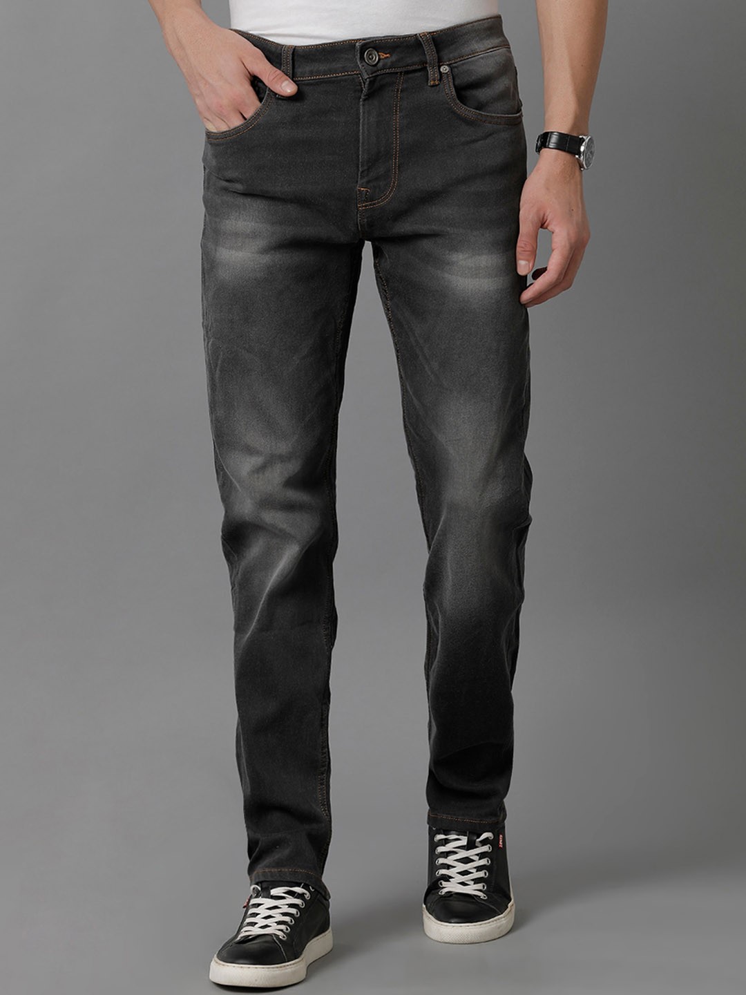 

Voi Jeans Men Mid Rise Slim Fit Clean Look Heavy Fade Stretchable Jeans, Grey