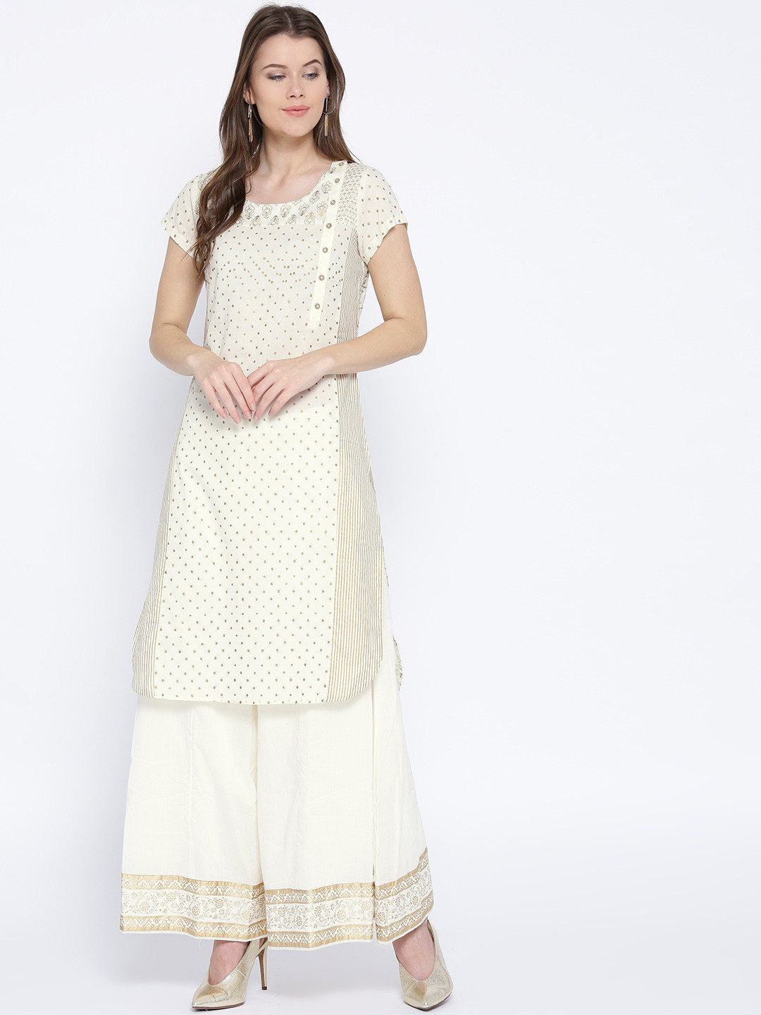 

Rangriti Women Off-White & Golden Printed Straight Kurta