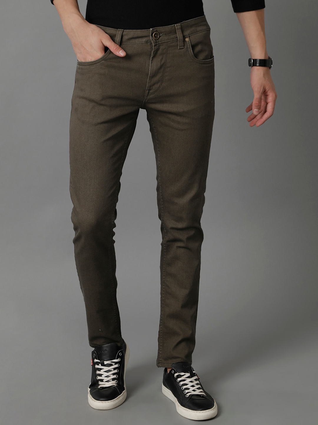 

Voi Jeans Men Mid Rise Skinny Fit Stretchable Jeans, Olive