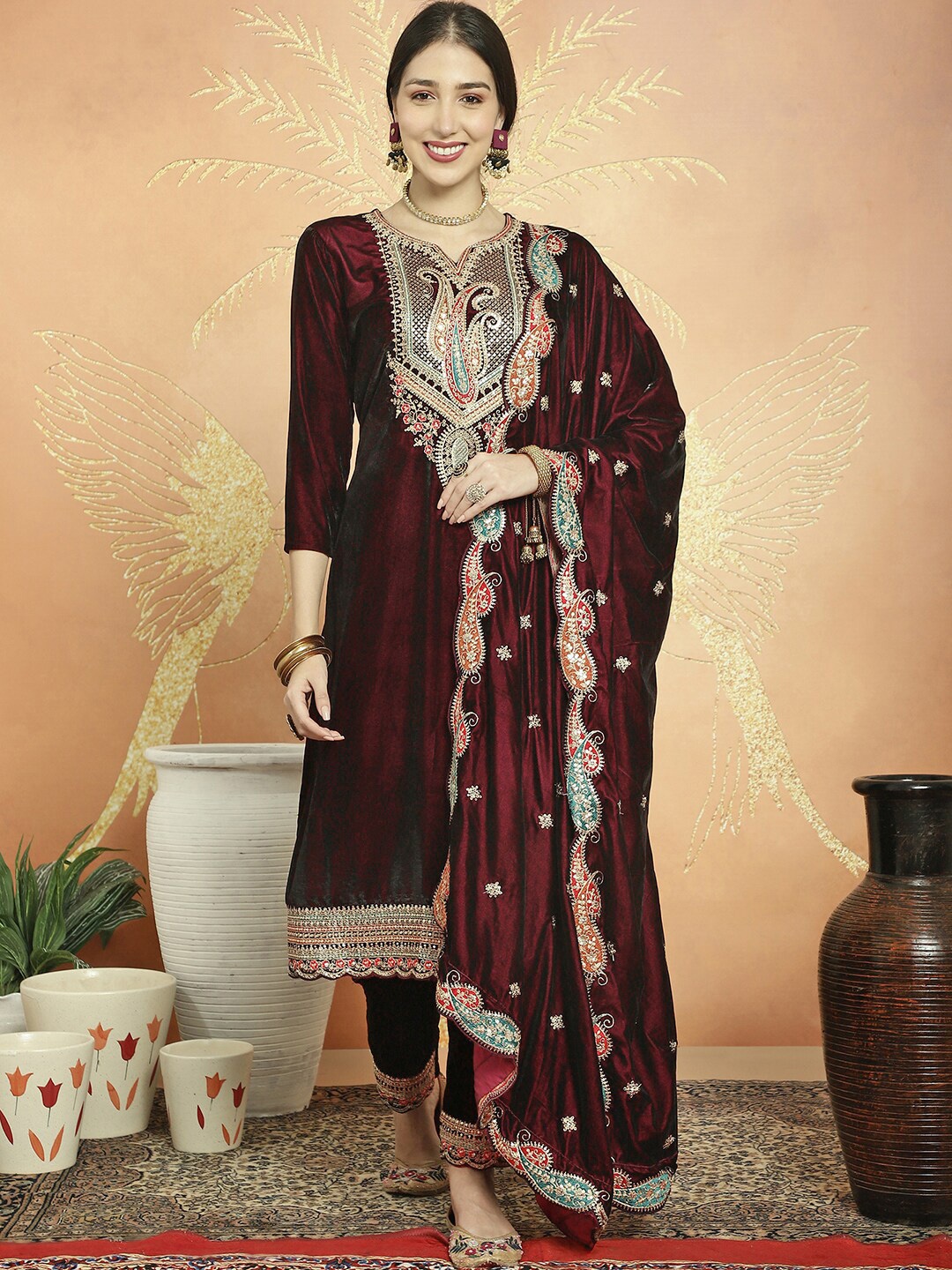 

Stylee LIFESTYLE Paisley Embroidered Sequinned Velvet Unstitched Dress Material, Maroon