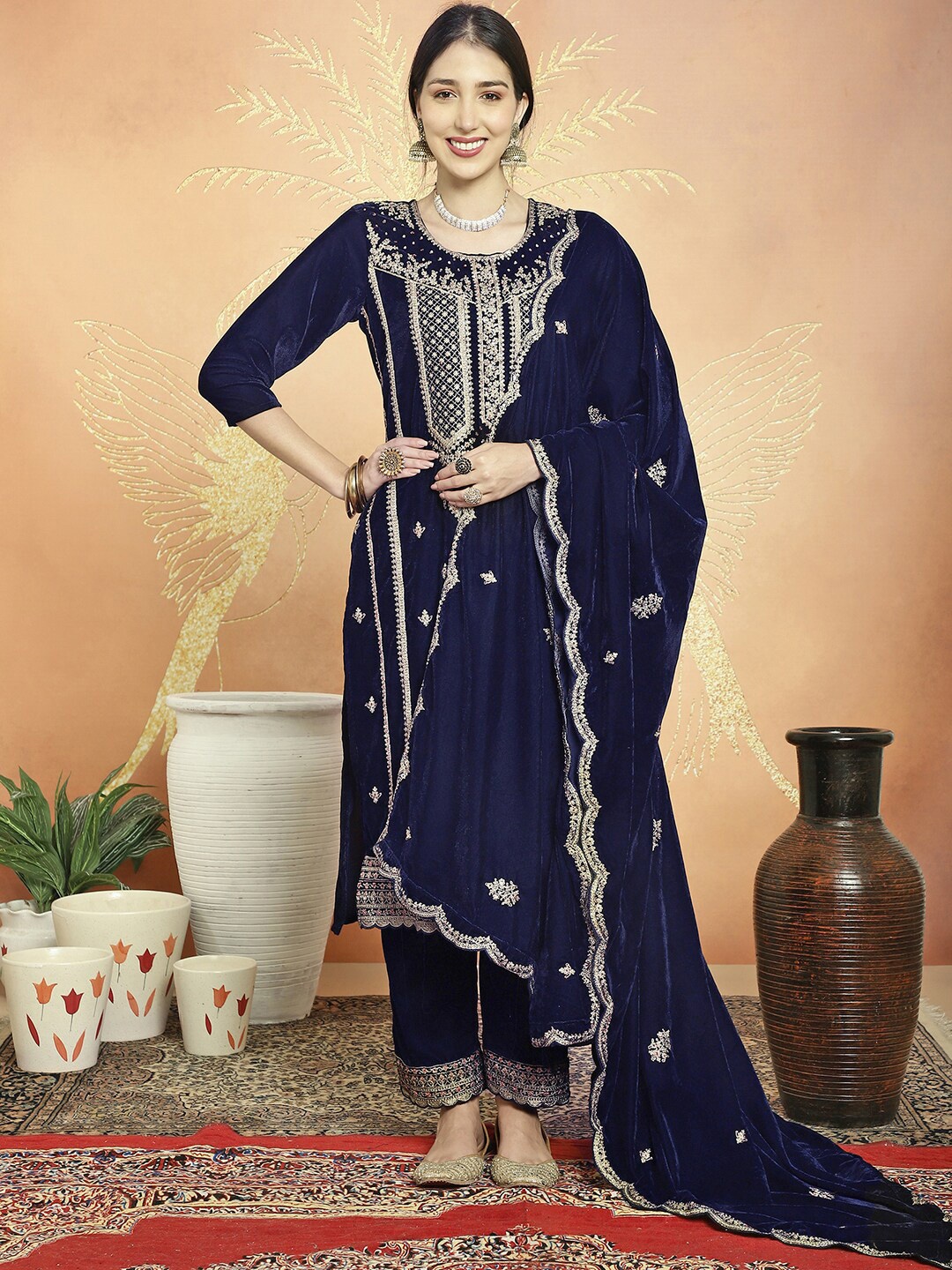 

Stylee LIFESTYLE Ethnic Motifs Embroidered Sequinned Velvet Unstitched Dress Material, Navy blue