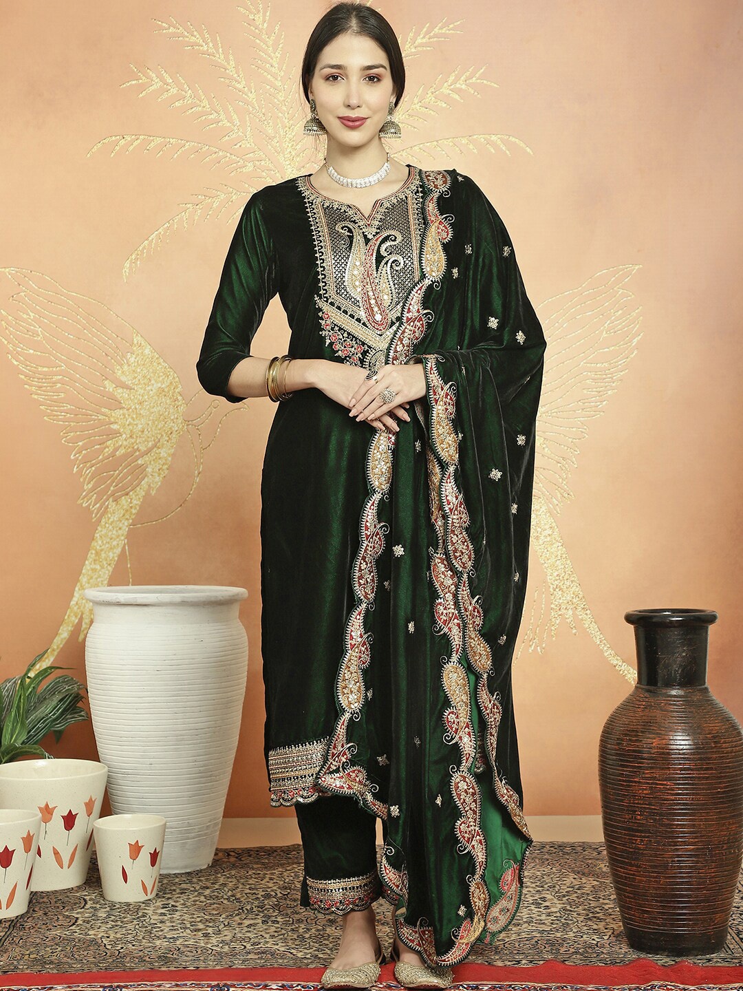 

Stylee LIFESTYLE Embroidered Sequinned Velvet Unstitched Dress Material, Green