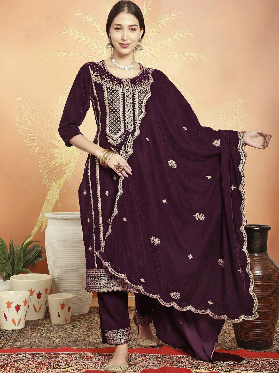 

Stylee LIFESTYLE Ethnic Motifs Embroidered Sequinned Velvet Unstitched Dress Material, Burgundy