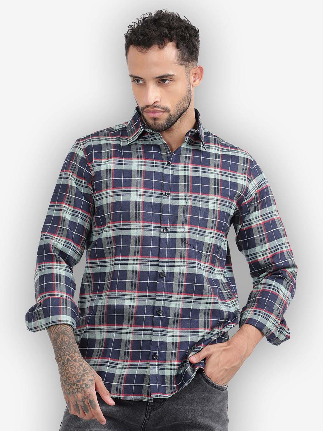 

Vida Loca Standard Slim Fit Checked Cotton Casual Shirt, Green