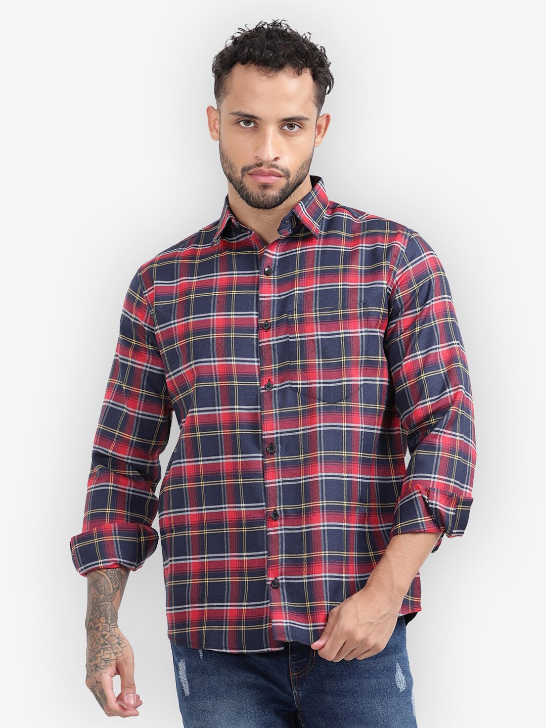 

Vida Loca Standard Slim Fit Tartan Checks Cotton Casual Shirt, Red