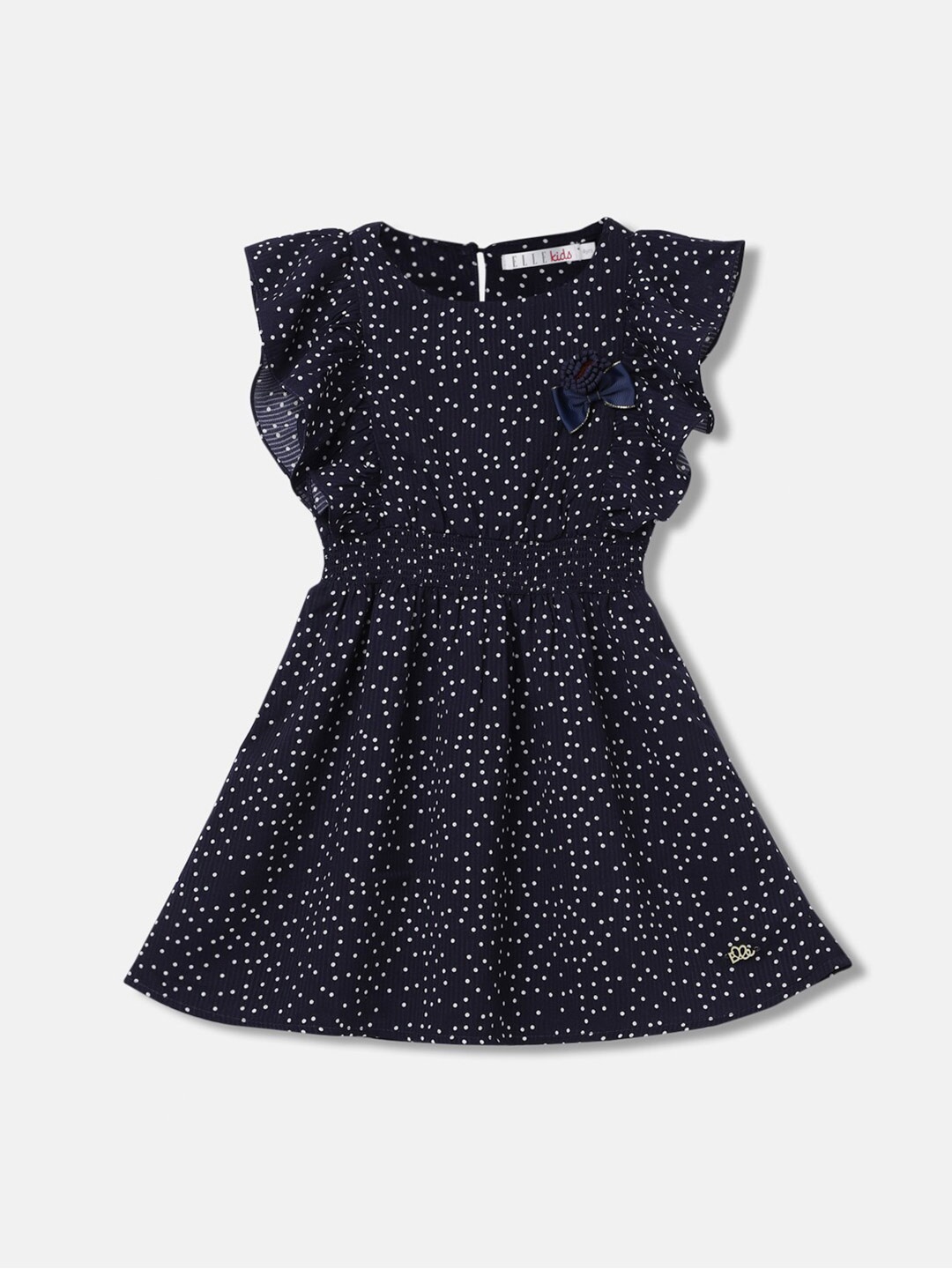 

ELLE Girls Geometric Printed Flutter Sleeves Smocked Fit & Flare Dress, Navy blue