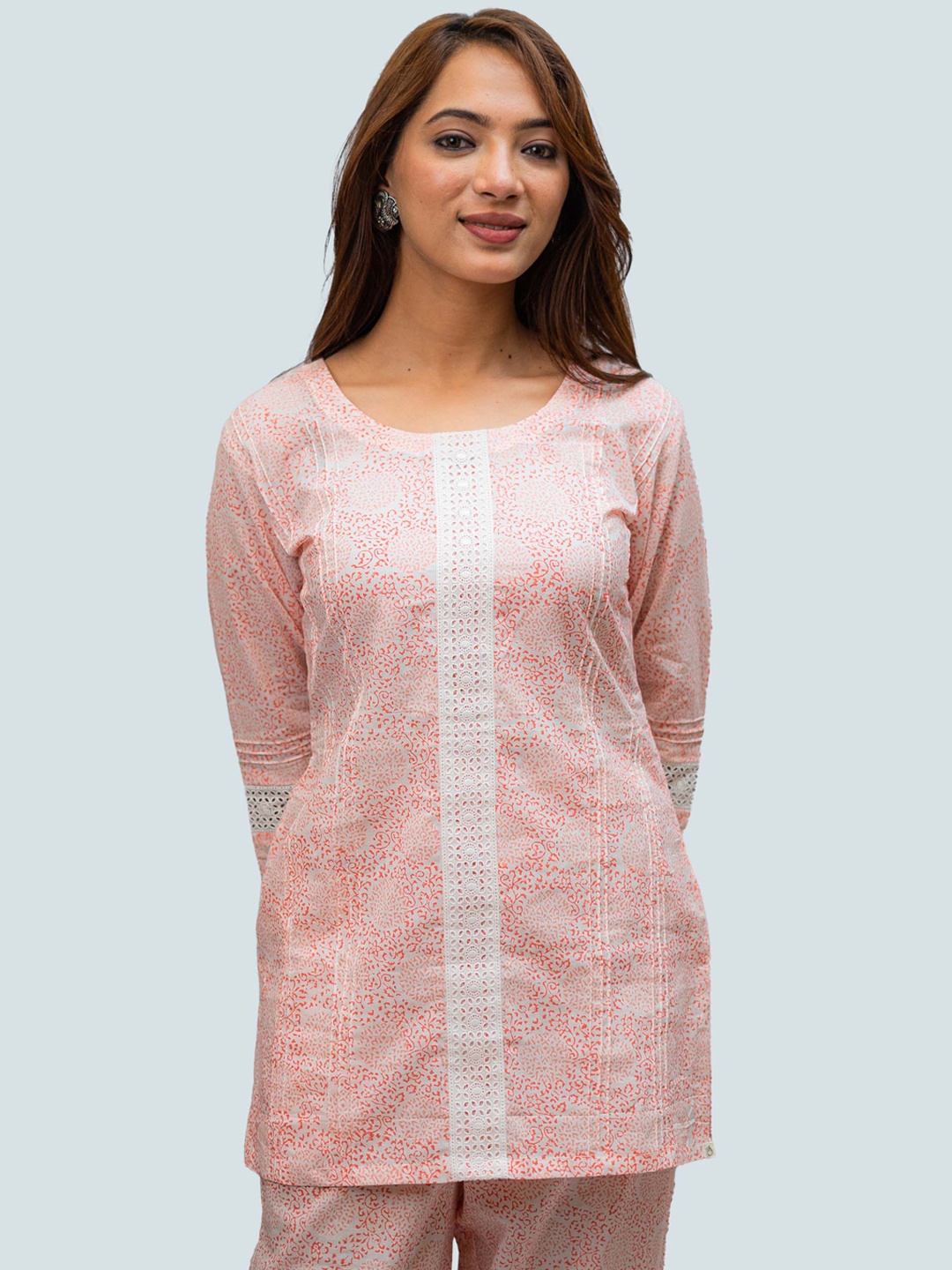 

TSUCCHI TRADITIONS Printed Pure Cotton Tunic With Trouser, White