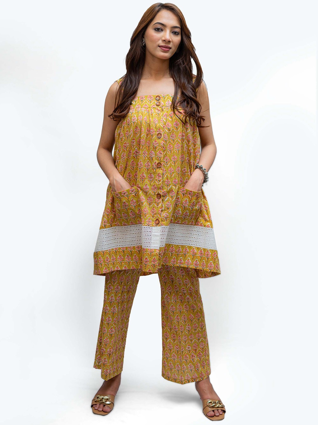 

TSUCCHI TRADITIONS Pure Cotton Caramel Stylish Bohemian Jaipur Block Print Co-Ord Set, Yellow