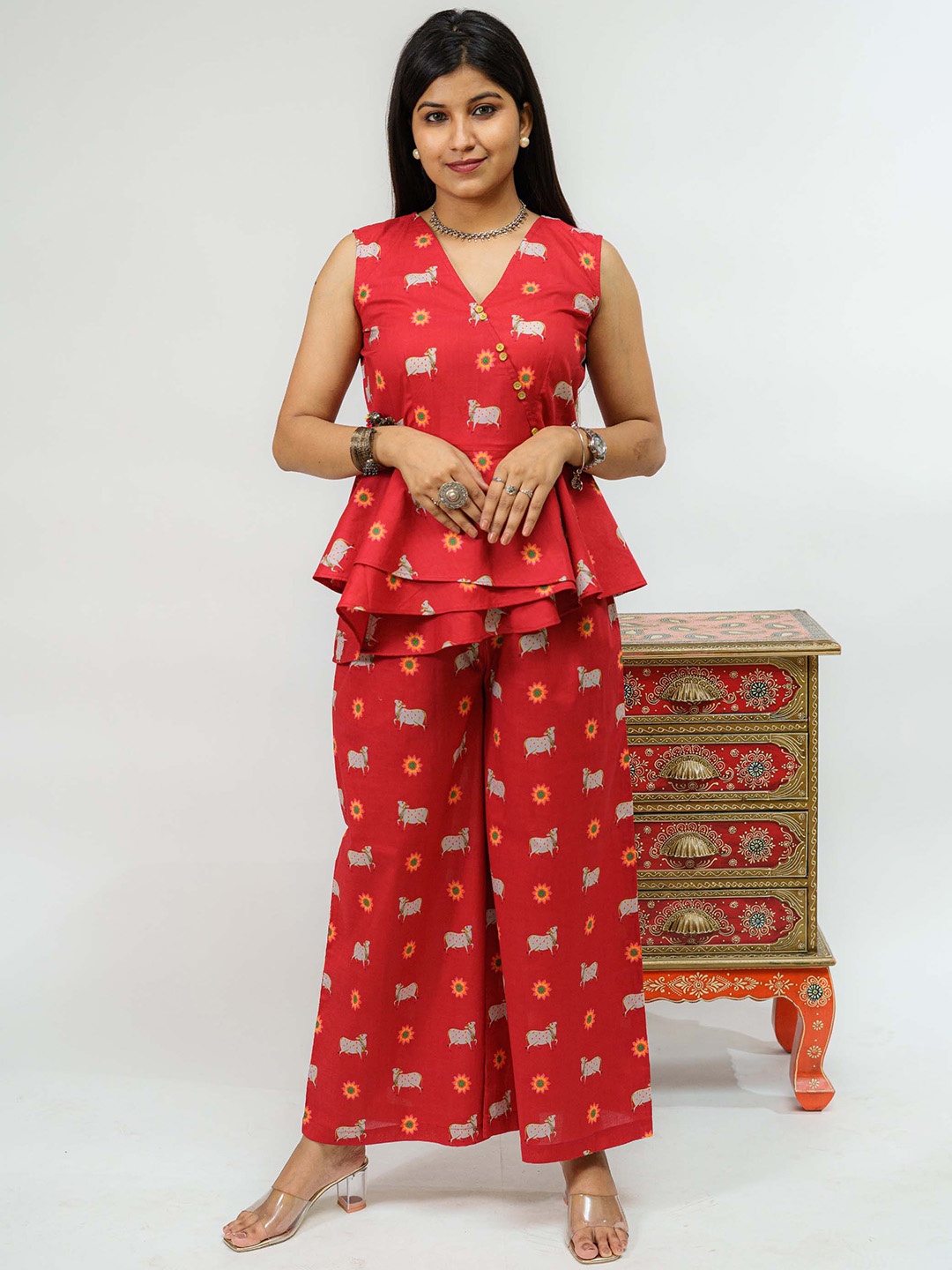 

TSUCCHI TRADITIONS Printed V-Neck Cotton Kamadhenu Pichwai Peplum Ethnic Top & Palazzo, Red