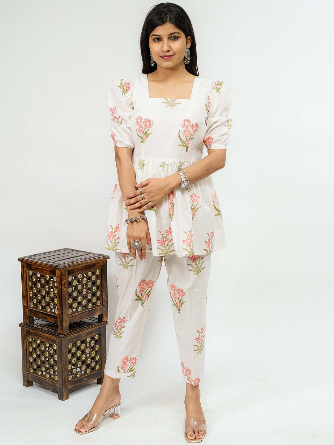

TSUCCHI TRADITIONS Floral Printed Pure Cotton Vibrant Orchard Sanganeri Co-ord Set, White