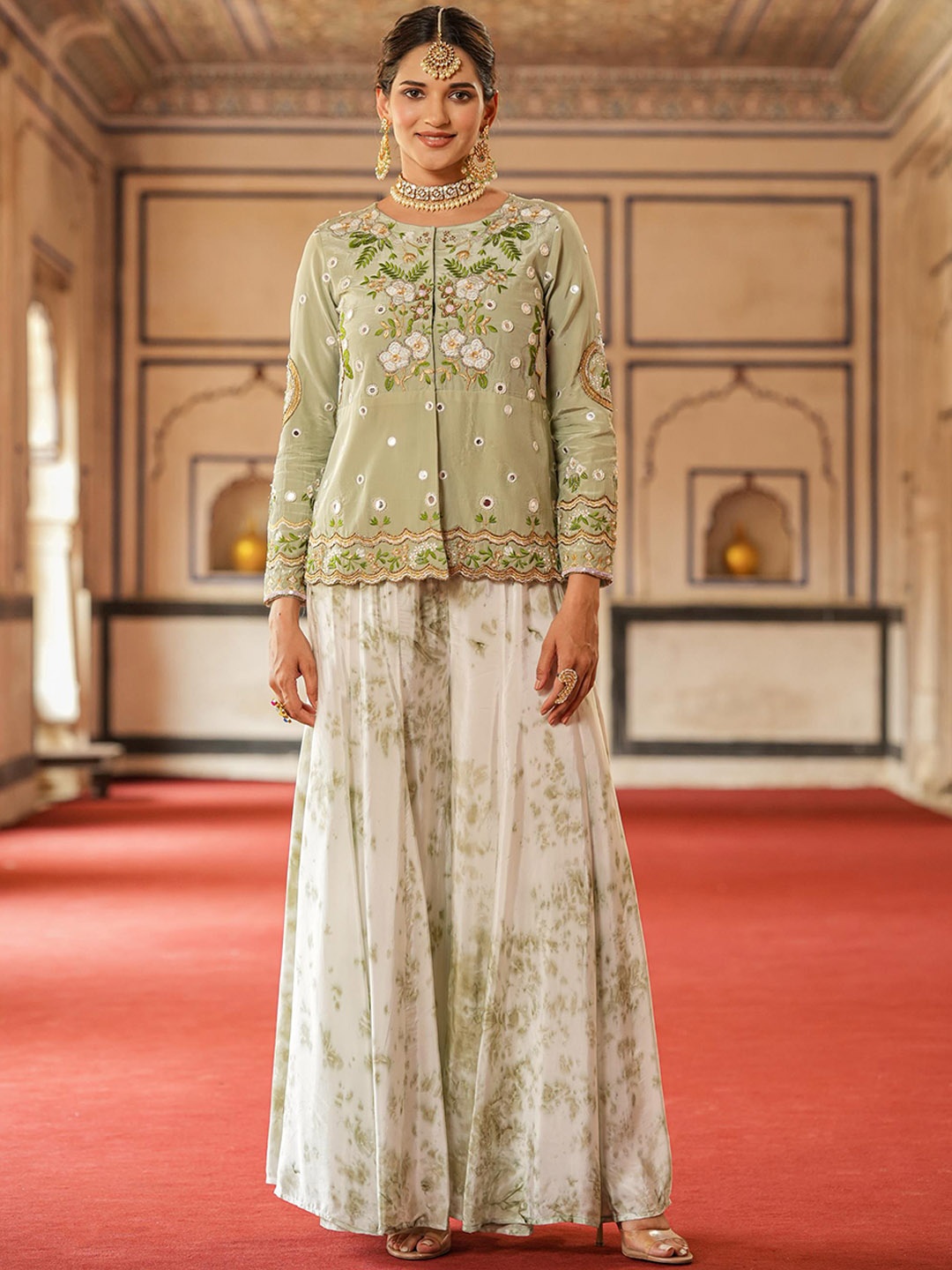 SCAKHI Embroidered Top With Palazzos, Green