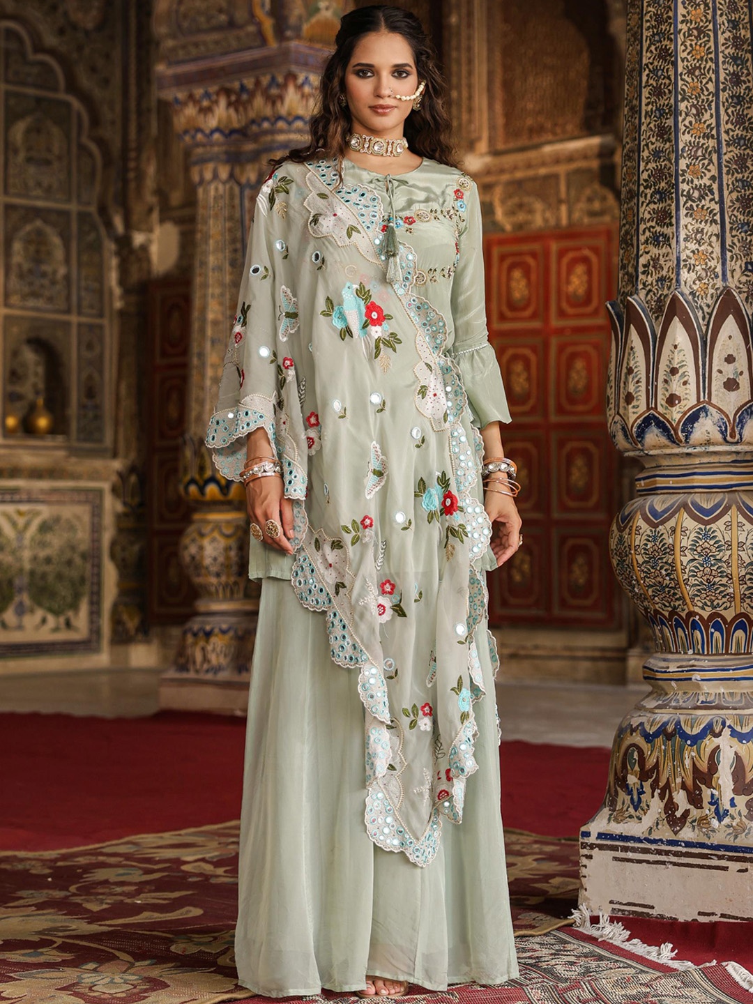 

SCAKHI Floral Embroidered Beads and Stones Kurta & Palazzos With Dupatta, Green