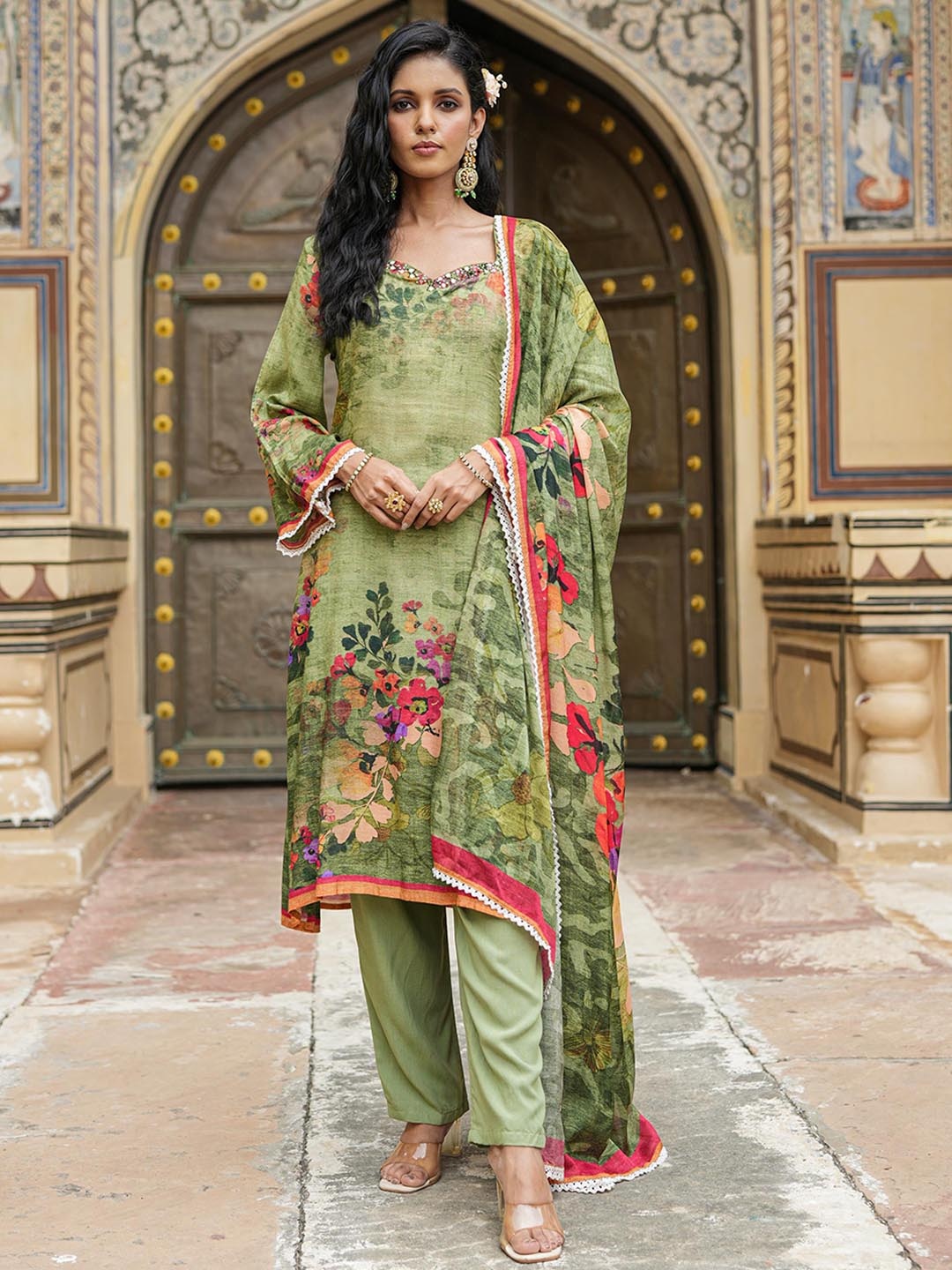 SCAKHI Floral Printed Mirror Work Kurta & Trousers With Dupatta, Green