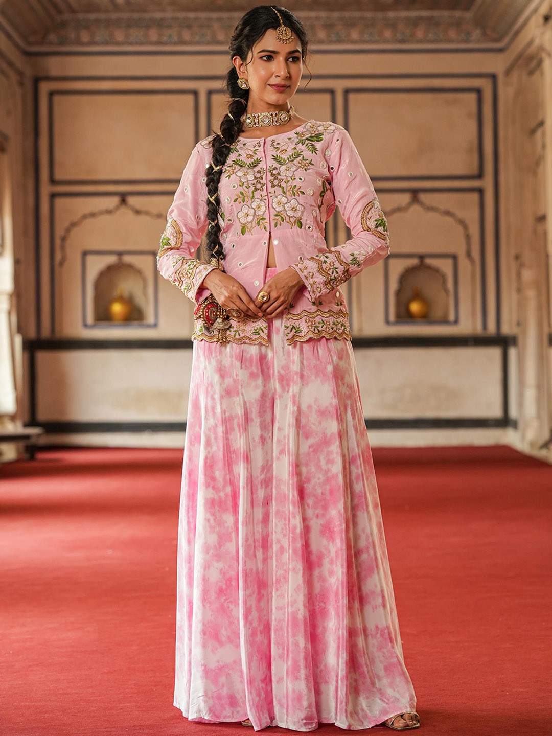 

SCAKHI Floral Embroidered Long Sleeve Beads and Stones Crepe Silk Top With Skirt, Pink