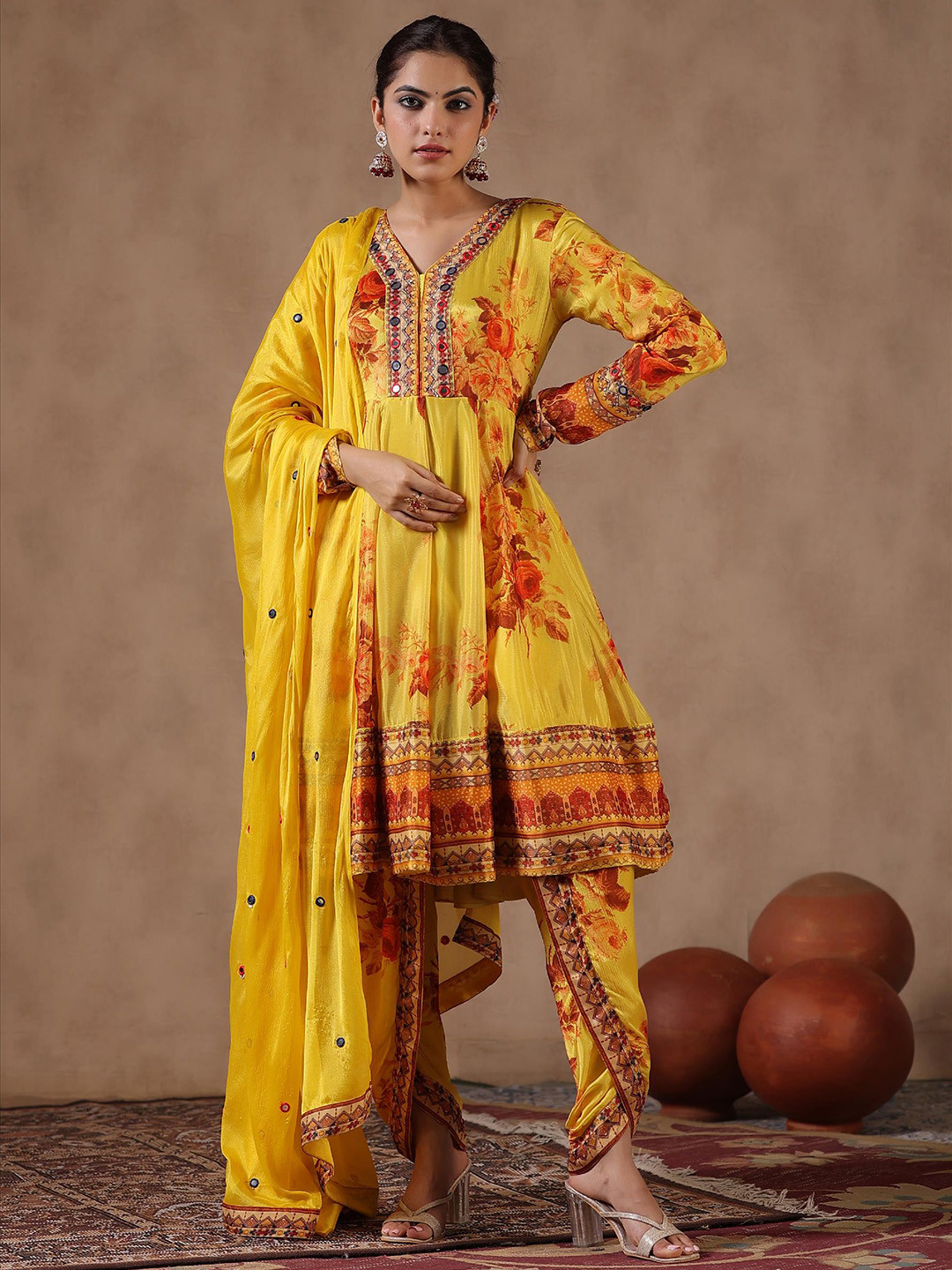 

SCAKHI Floral Printed V-Neck Mirror Work Silk Crepe Kurta with Dhoti Pants & Dupatta, Yellow