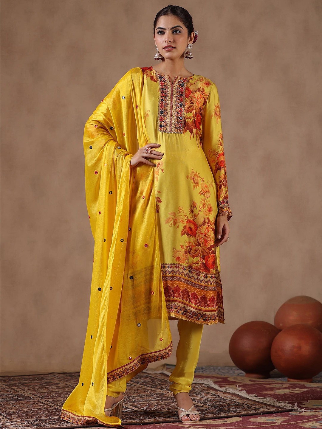 

SCAKHI Floral Printed Mirror Work Satin Kurta with Churidar & Dupatta, Yellow