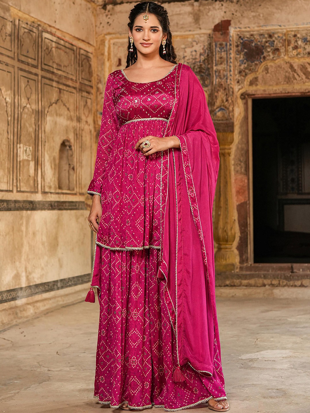 

SCAKHI Bandhani Printed Gotta Patti Kurta with Sharara & Dupatta, Magenta