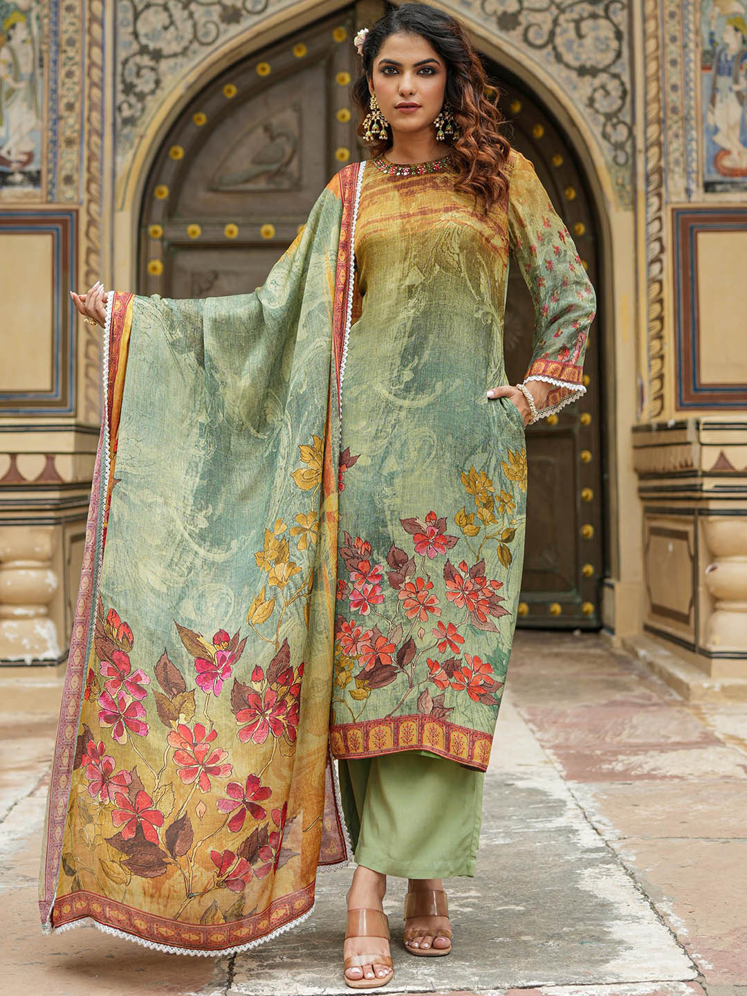 

SCAKHI Floral Printed Regular Mirror Work Silk Crepe Kurta With Trousers & Dupatta, Green