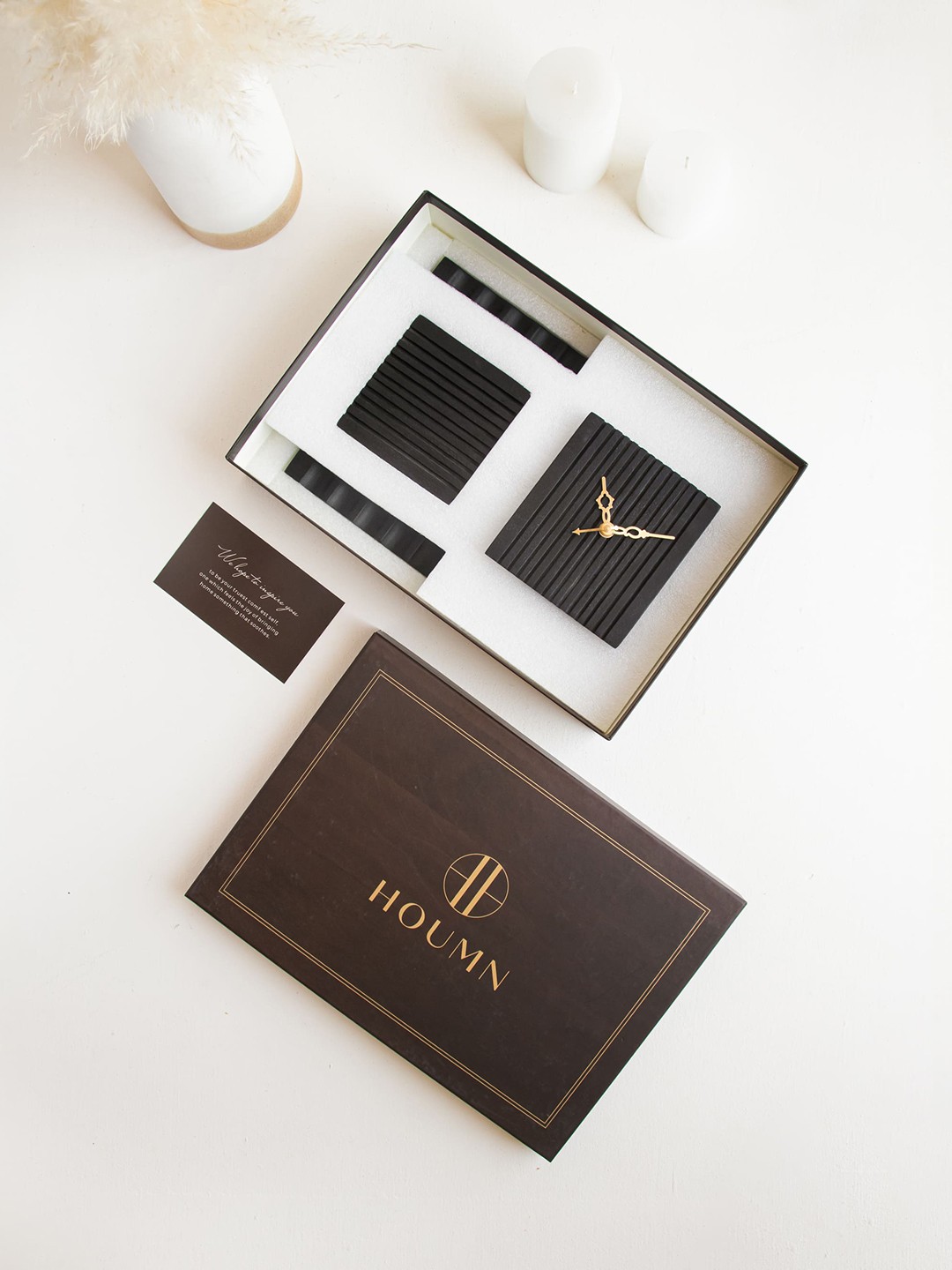 

HOUMN Black 4 Pieces Wooden Organisers Set With Table Clock And Coasters
