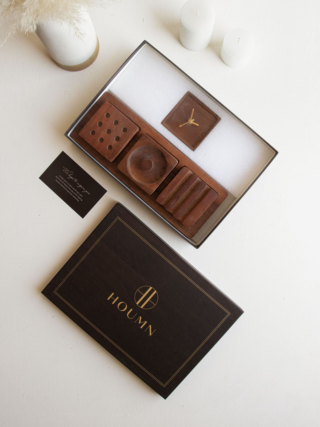 

HOUMN Brown 5 in 1 Wooden Card Holder, Pin Holder, Pen Holder, & Table Clock with Tray