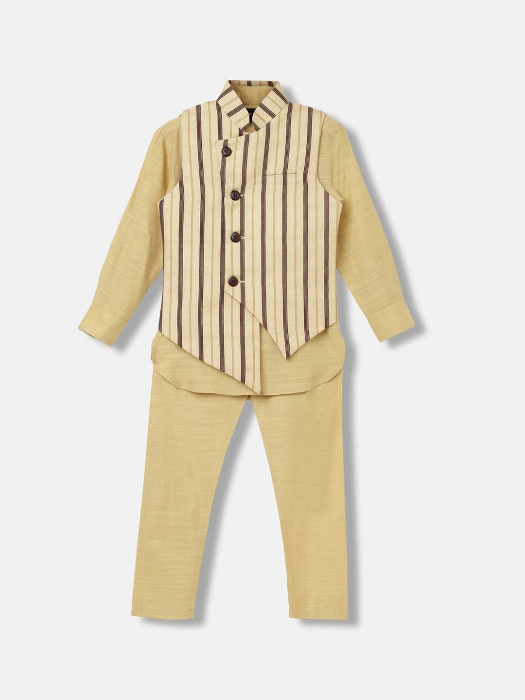 

Blue Giraffe Boys Regular Kurta with Trousers With Nehru Jacket, Mustard