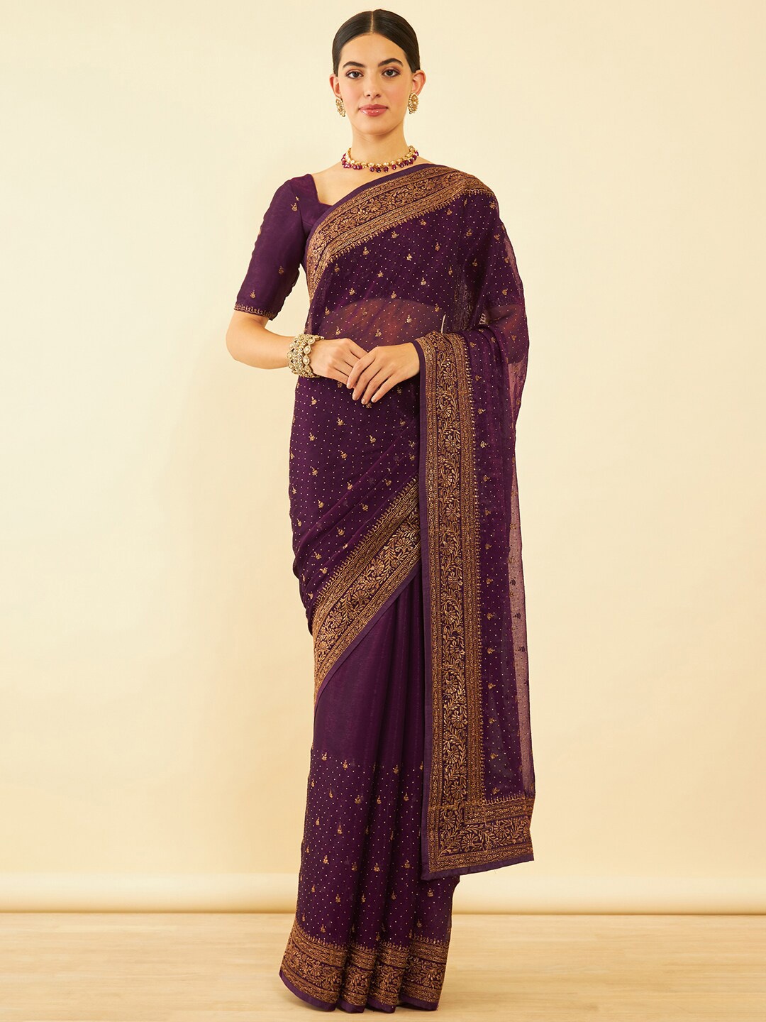

Soch Maroon Ethnic Motifs Embroidered Pure Chiffon Saree