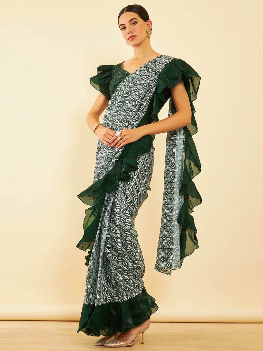 

Soch Geometric Printed Ready to Wear Saree With Ruffled Border, Green