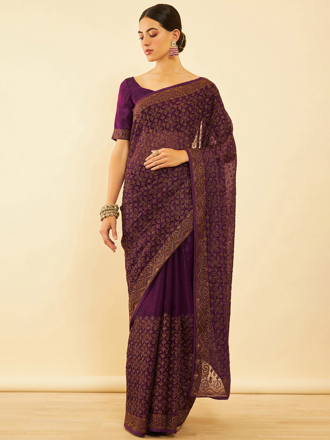 

Soch Maroon Floral Embroidered Pure Chiffon Saree