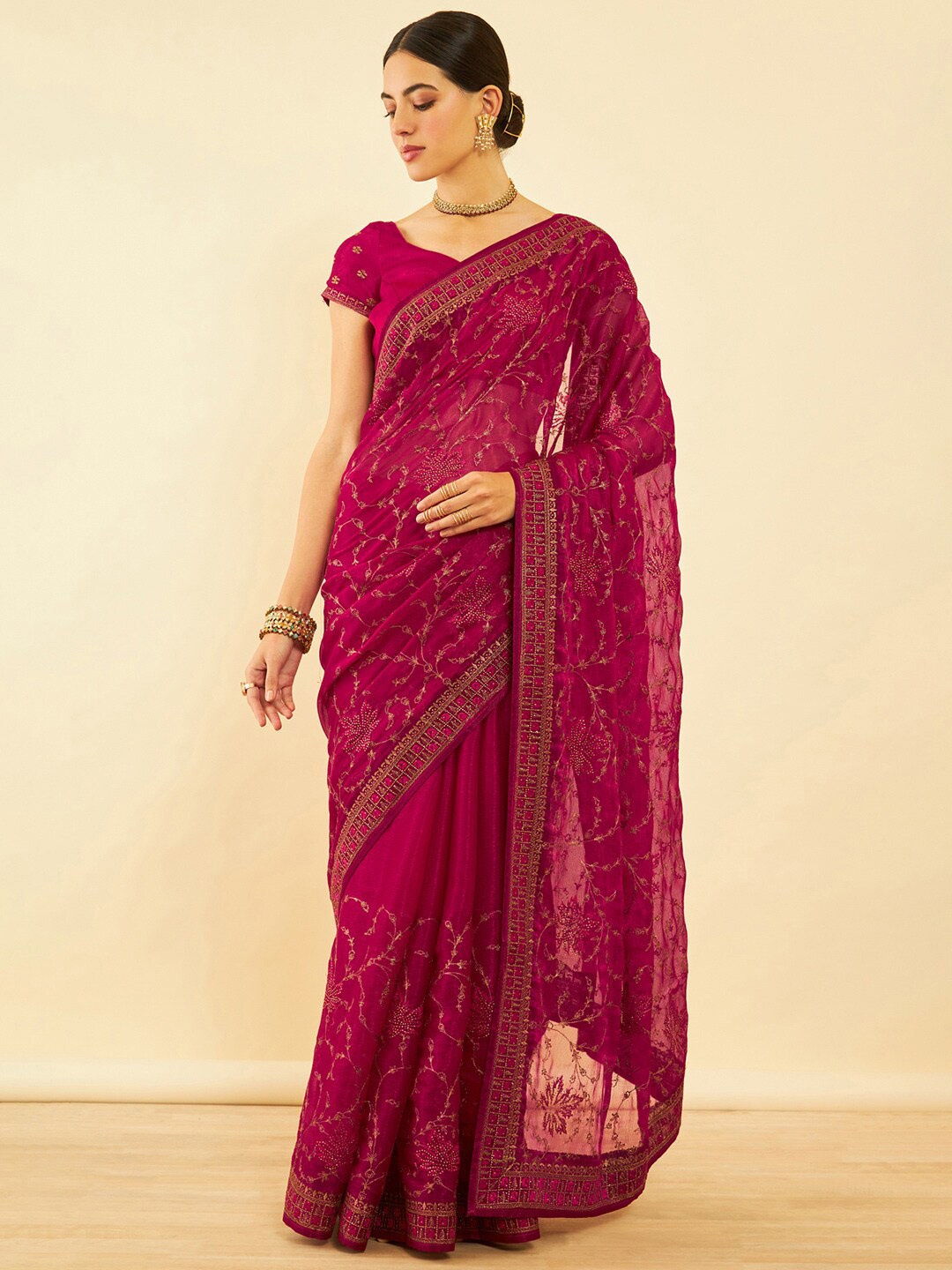 

Soch Floral Embroidered Zari Pure Chiffon Saree, Maroon