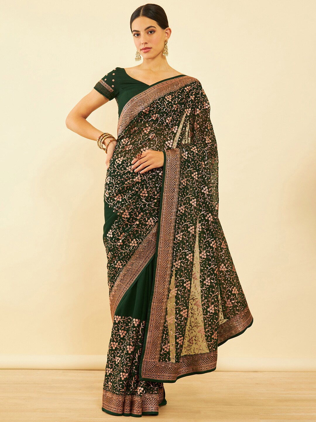 

Soch Green Floral Embroidered Pure Chiffon Saree