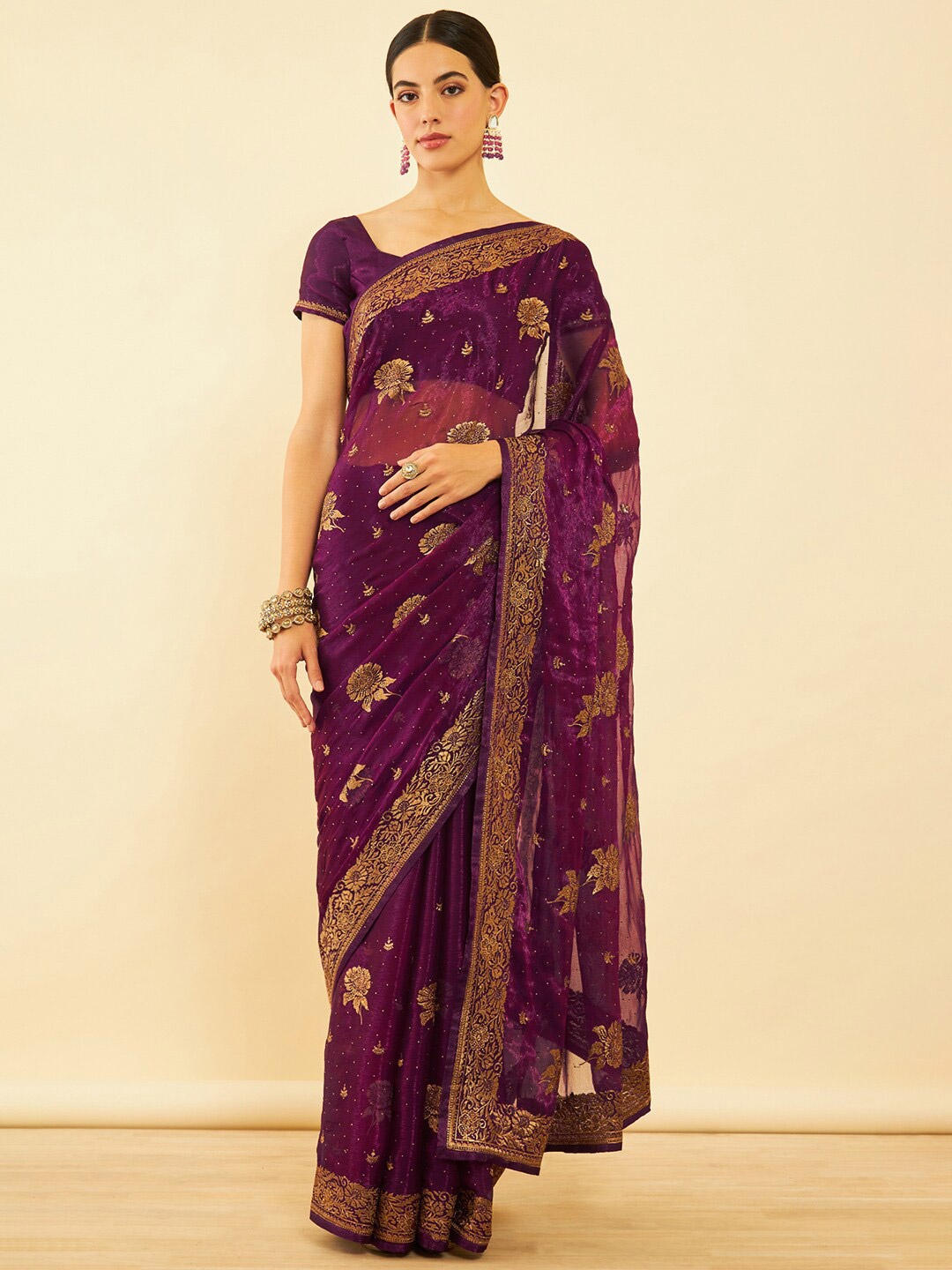 

Soch Floral Printed Zari Pure Chiffon Saree, Maroon