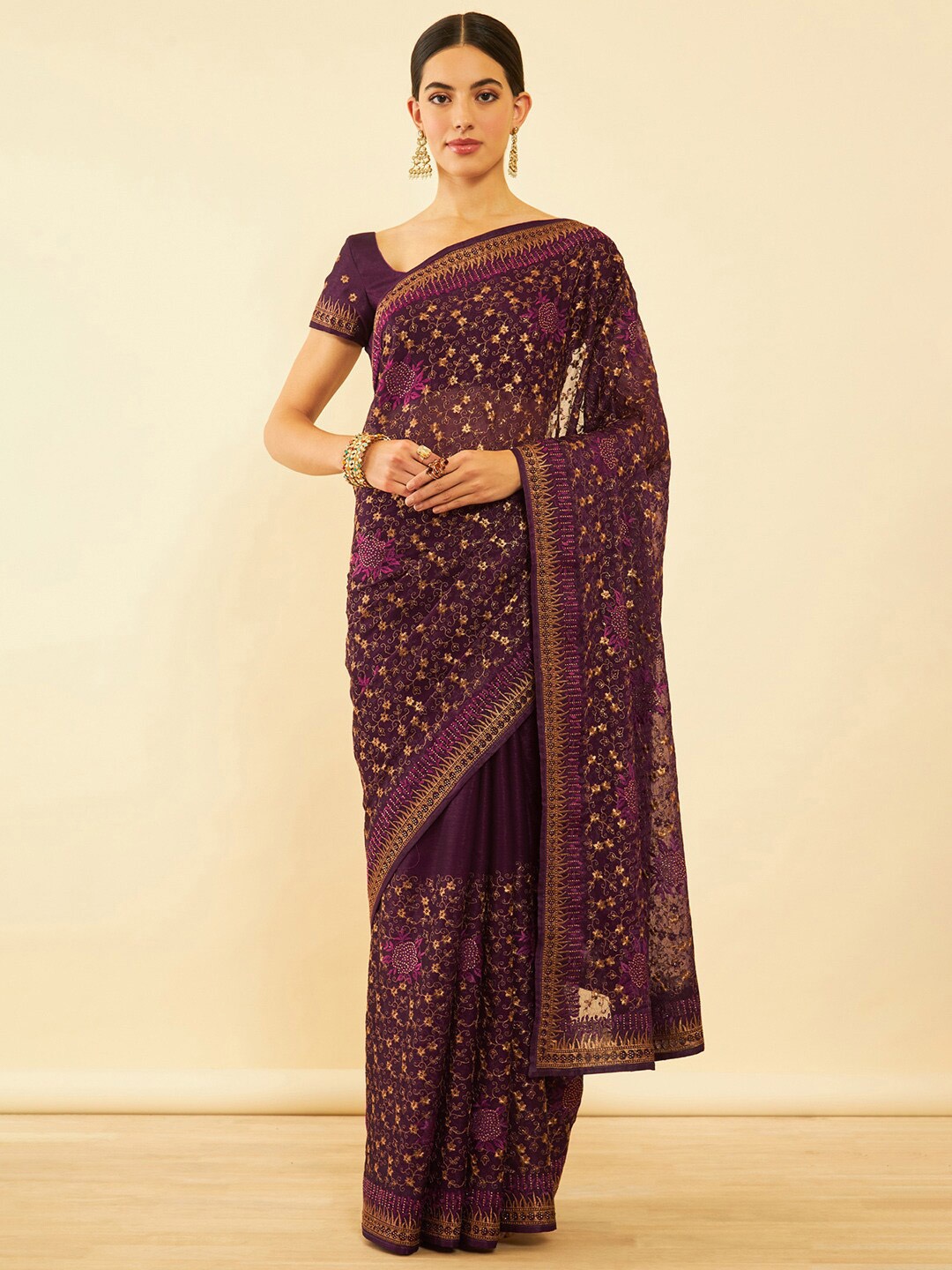 

Soch Floral Embroidered Pure Chiffon Saree, Maroon