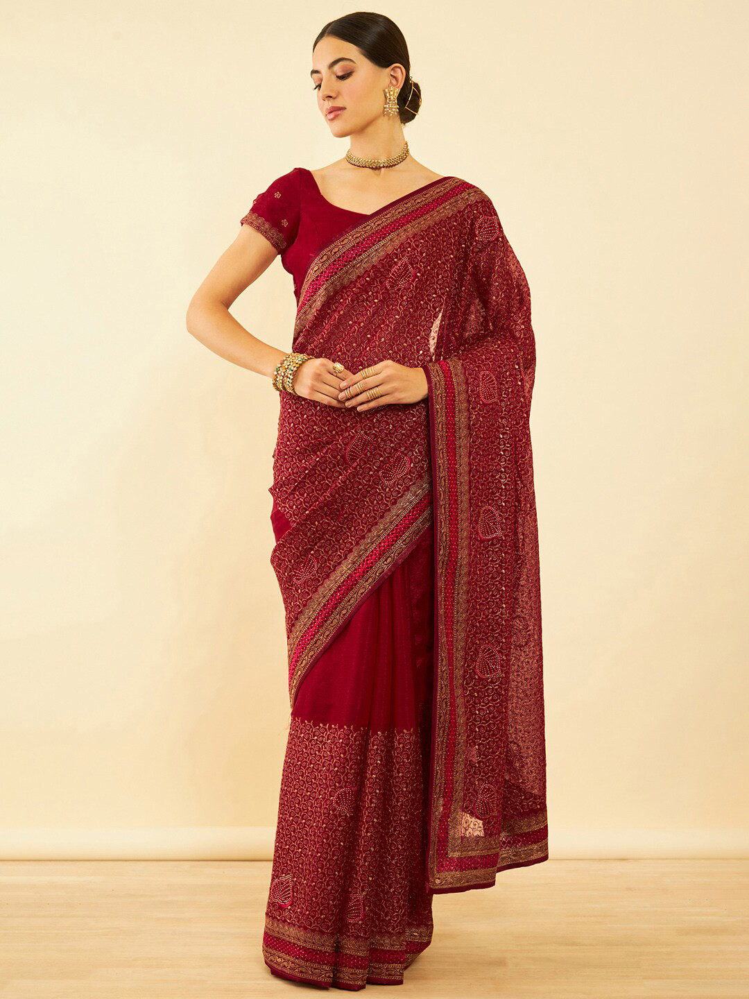 

Soch Maroon Floral Embroidered Pure Chiffon Saree