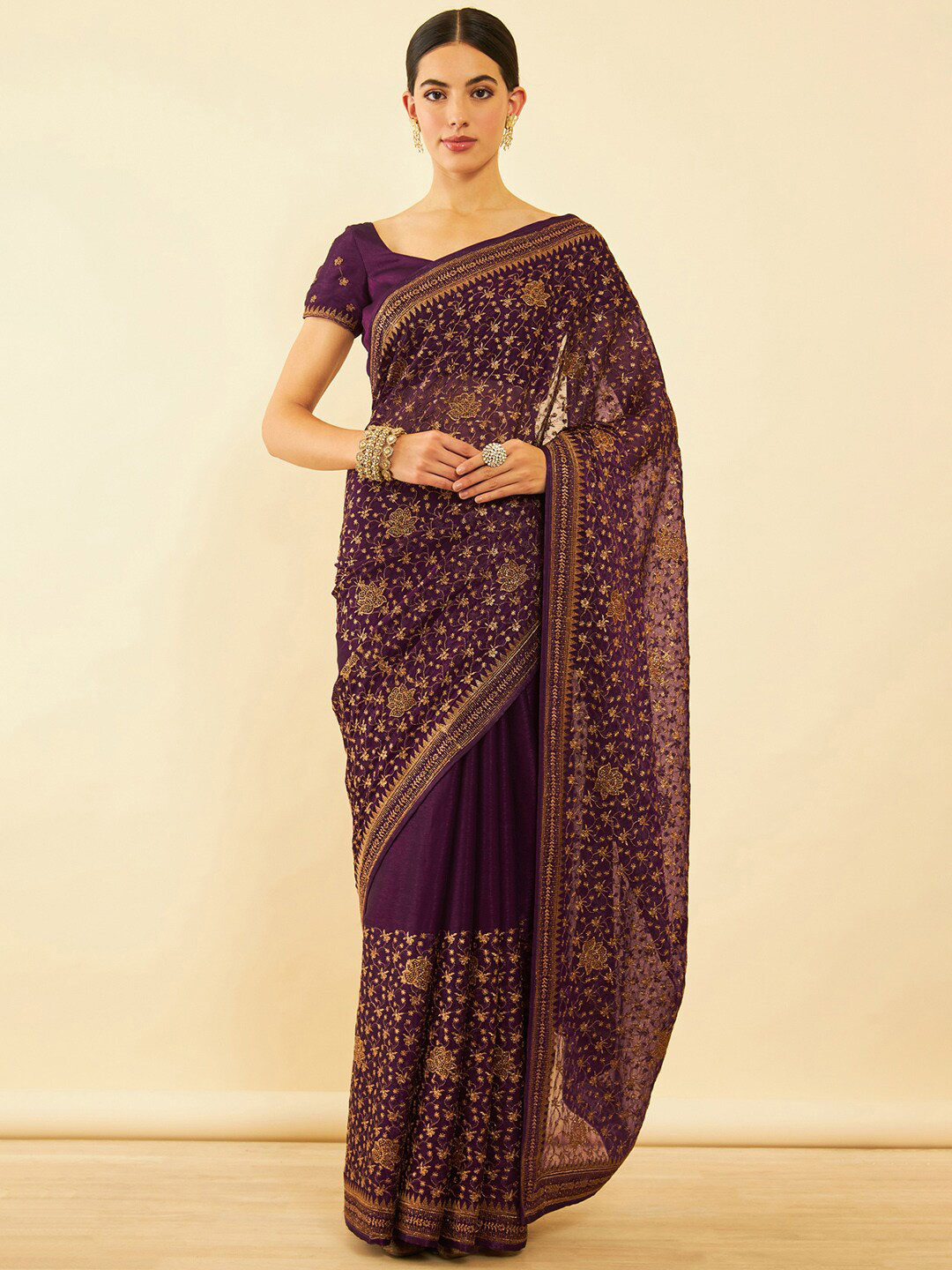 

Soch Maroon Floral Embroidered Pure Chiffon Saree