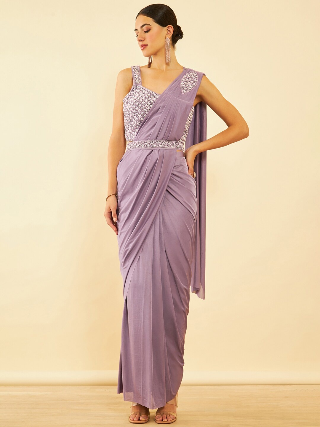 

Soch Beads and Stones Ready to Wear Saree With Belt, Purple