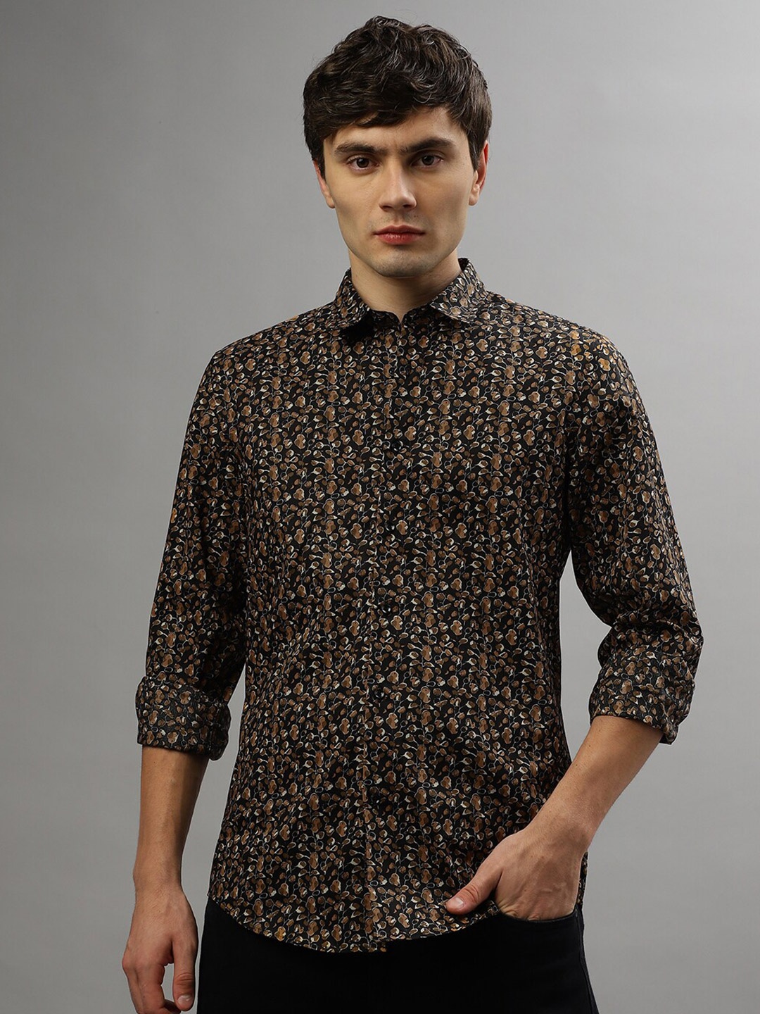 

Antony Morato Slim Fit Floral Printed Spread Collar Casual Pure Cotton Shirt, Beige