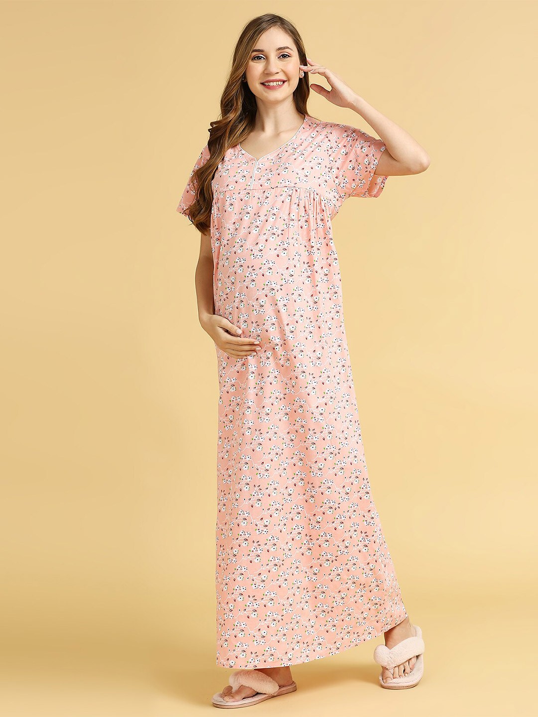 

MomToBe Floral Printed Maxi Maternity Nightdress, Peach