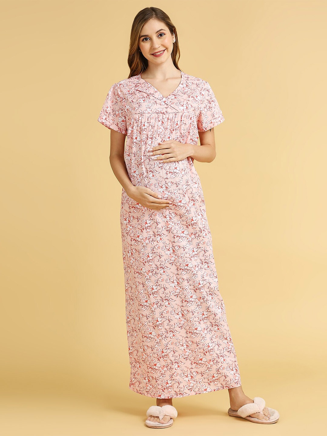 

MomToBe Floral Printed Maxi Maternity Nightdress, Peach