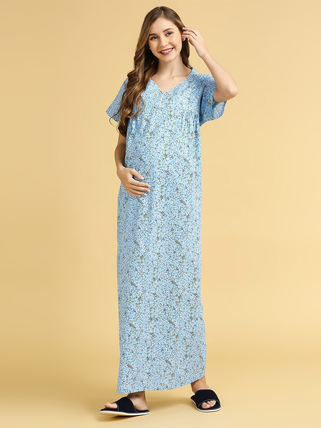 

MomToBe Floral Printed Maxi Maternity Nightdress, Blue
