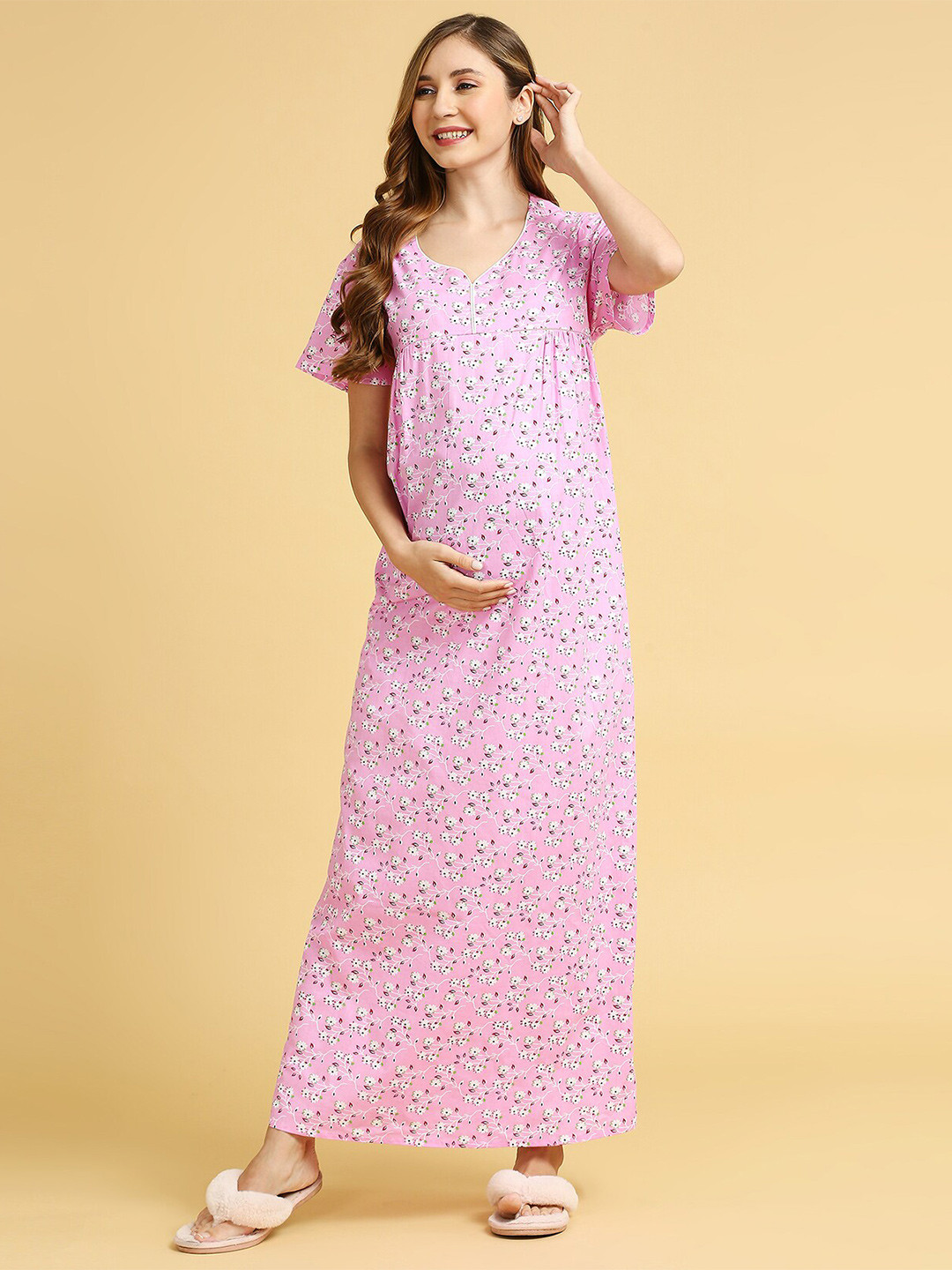 

MomToBe Floral Printed Maxi Maternity Nightdress, Pink