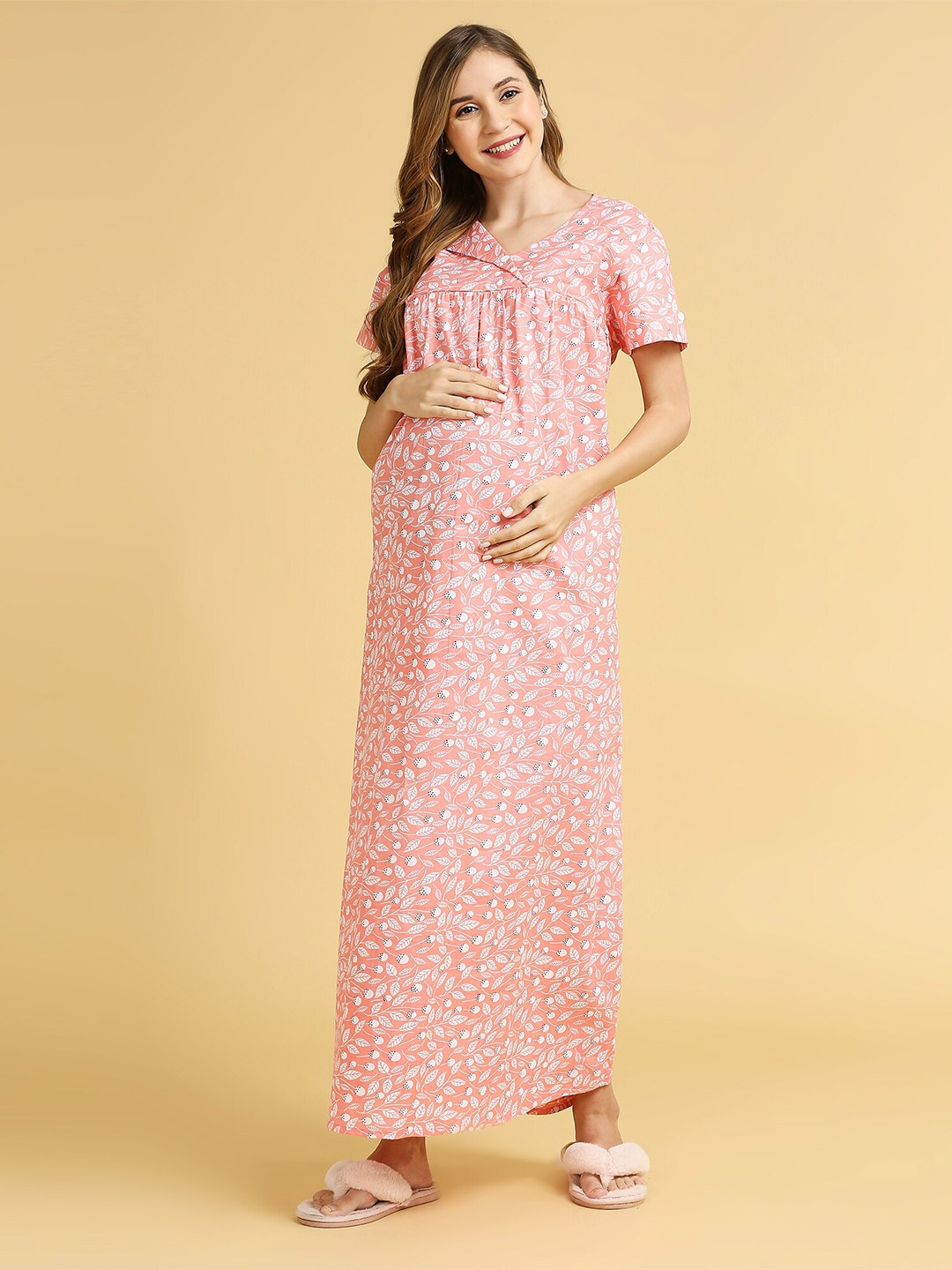 

MomToBe Maternity Floral Printed Maxi Nightdress, Peach
