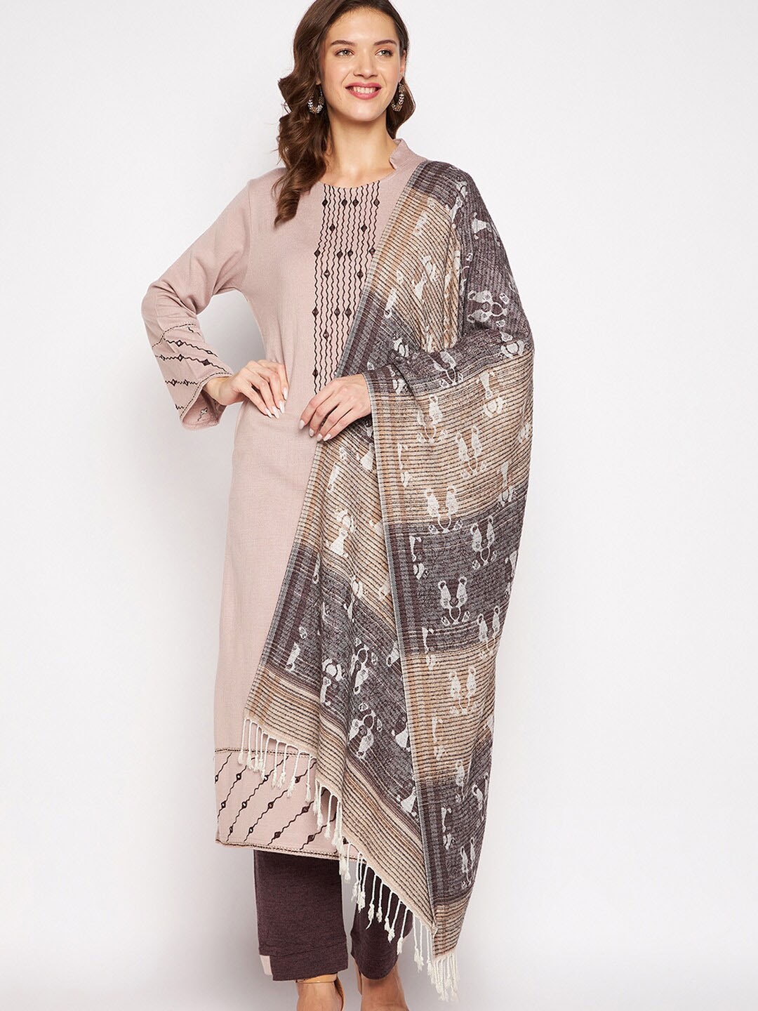 

Zigo Winter Wear Striped Mirror Work Kurta With Trouser & Dupatta, Pink