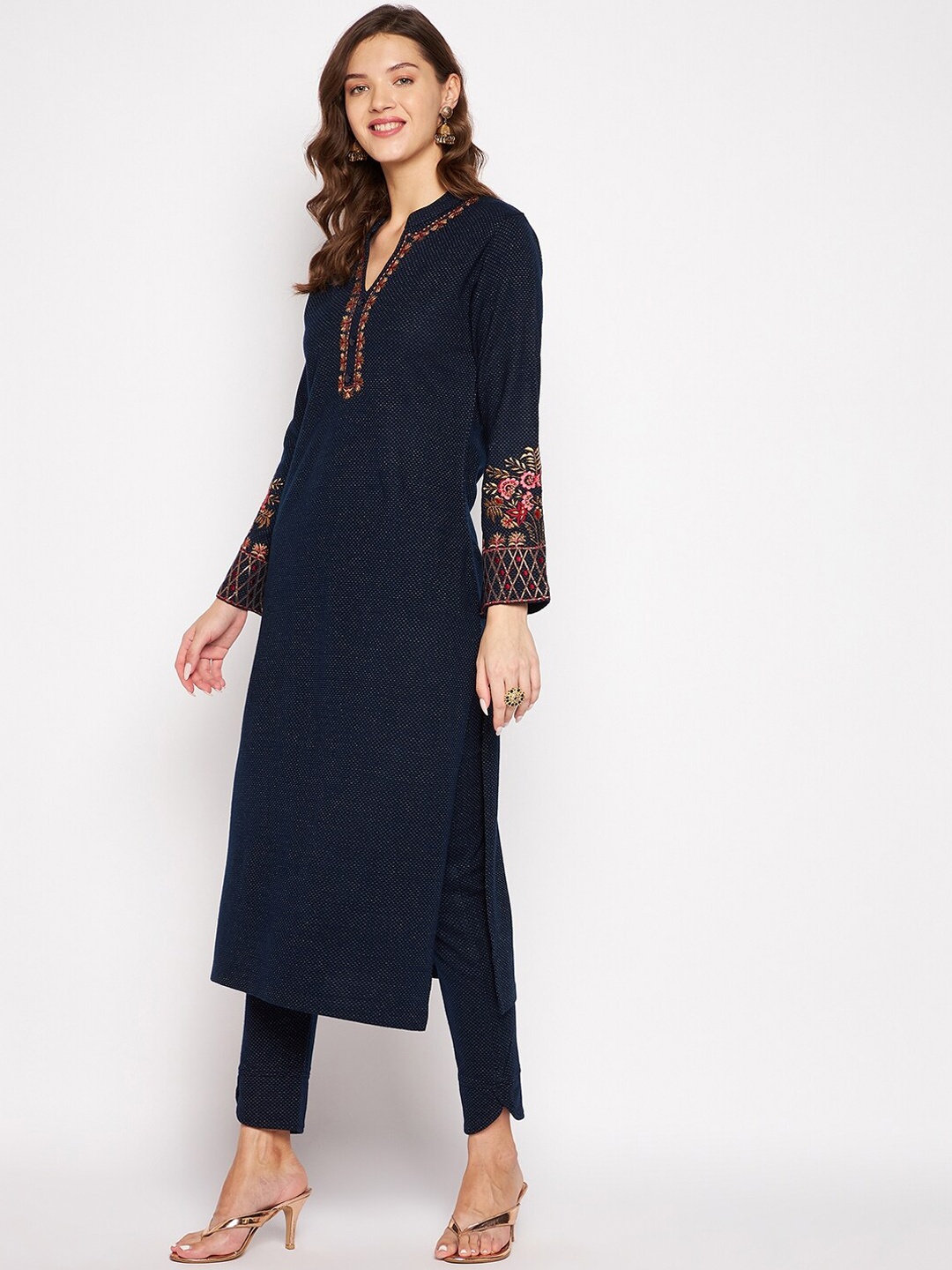 

Zigo Winter Wear Floral Embroidered Mandarin Collar Straight Kurta With Trouser, Navy blue