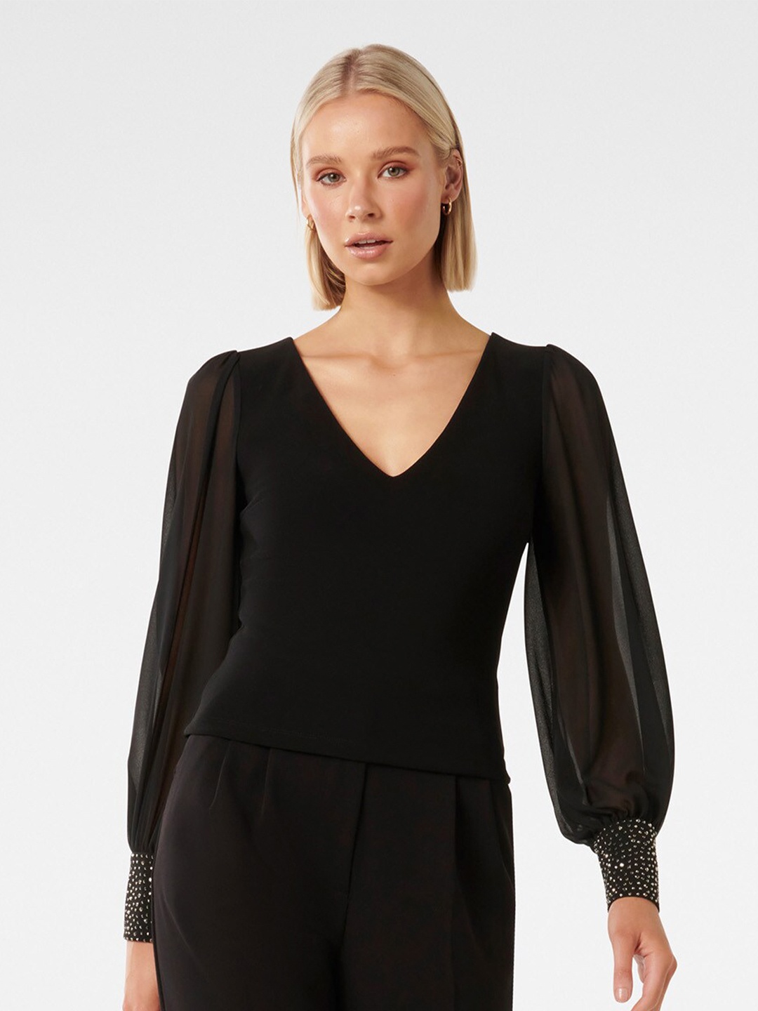 

Forever New V-Neck Cuffed Sleeves Top, Black