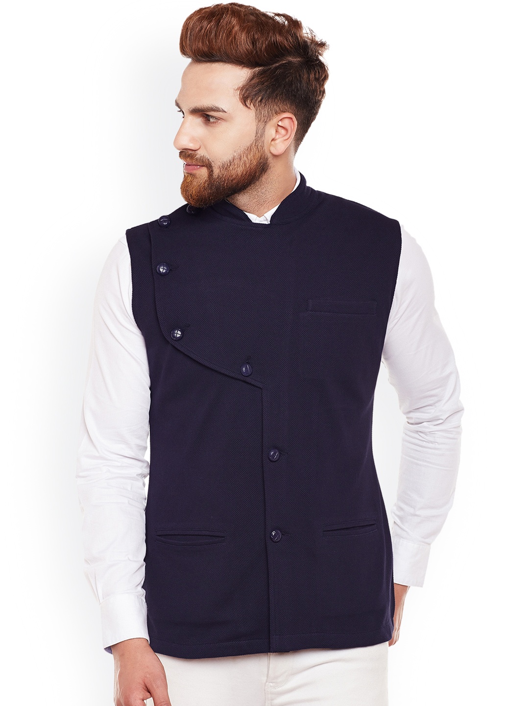 

Hypernation Men Navy Blue Single-Breasted Nehru Jacket