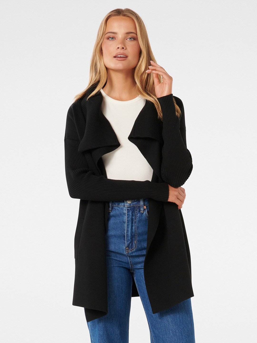 

Forever New Ribbed Front-Open Sweaters, Black