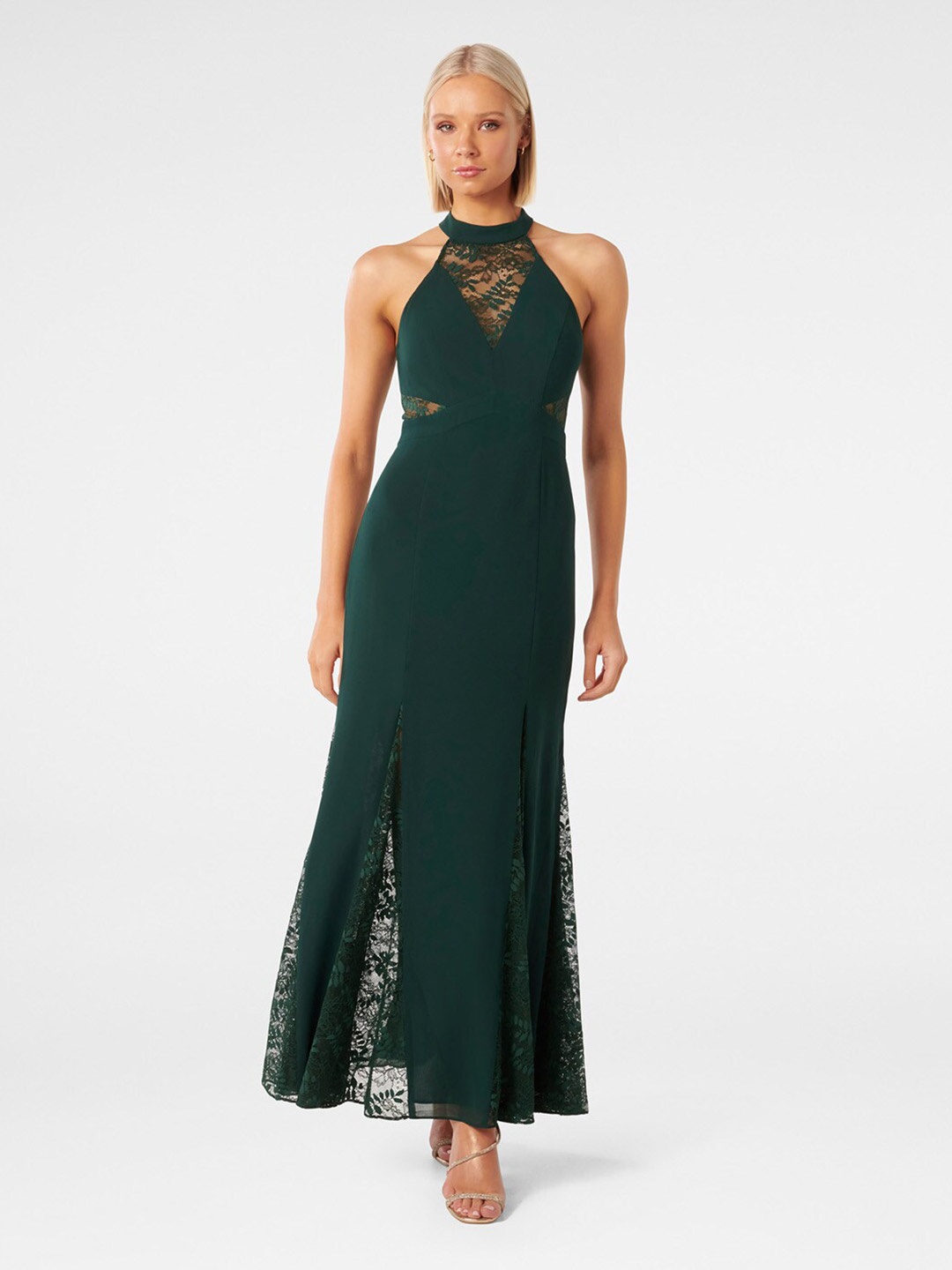 

Forever New Self Design Round Neck Sleeveless Lace Maxi Dress, Green