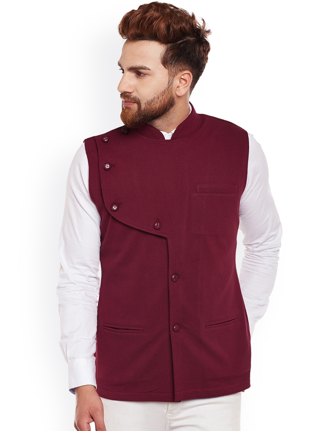

Hypernation Men Maroon Nehru Jacket